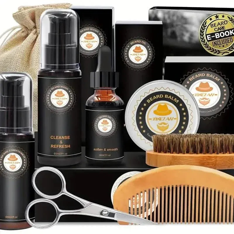 Grooming Kit w/Beard Conditioner, Oil, Balm, Brush, Wash, Comb, Scissor, Bag, E-Book - A-1 Thread Vault