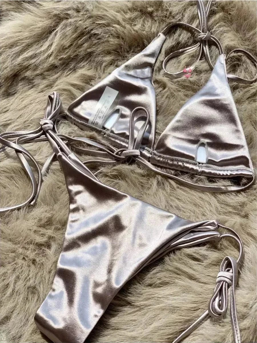Halter Brazilian Metallic Satin Bikini Women Swimwear Female Swimsuit Two-pieces Bikini Set High Cut Bathing Suit Swim Beachwear - A-1 Thread Vault