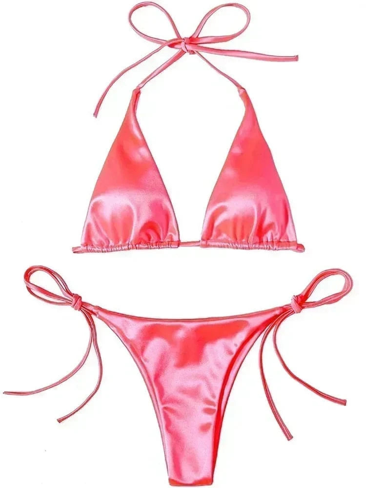 Halter Brazilian Metallic Satin Bikini Women Swimwear Female Swimsuit Two-pieces Bikini Set High Cut Bathing Suit Swim Beachwear - A-1 Thread Vault