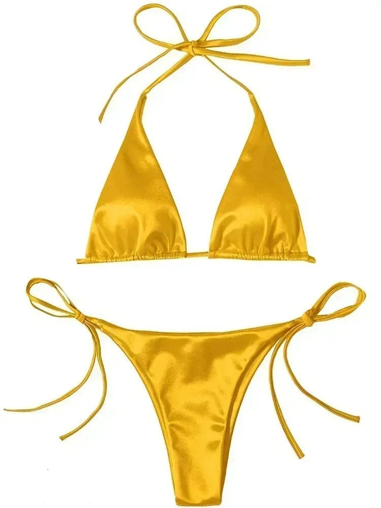 Halter Brazilian Metallic Satin Bikini Women Swimwear Female Swimsuit Two-pieces Bikini Set High Cut Bathing Suit Swim Beachwear - A-1 Thread Vault