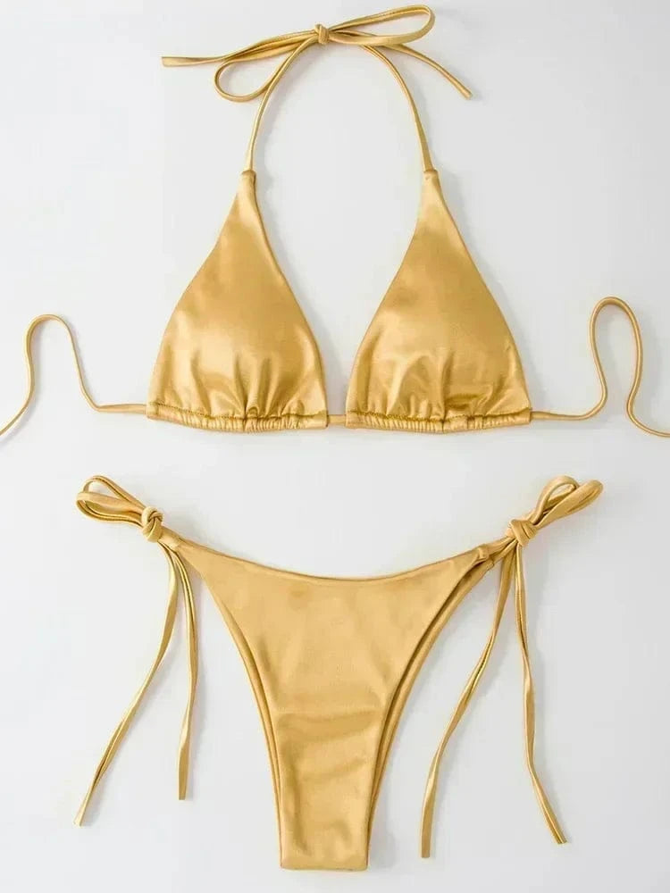 Halter Brazilian Metallic Satin Bikini Women Swimwear Female Swimsuit Two-pieces Bikini Set High Cut Bathing Suit Swim Beachwear - A-1 Thread Vault