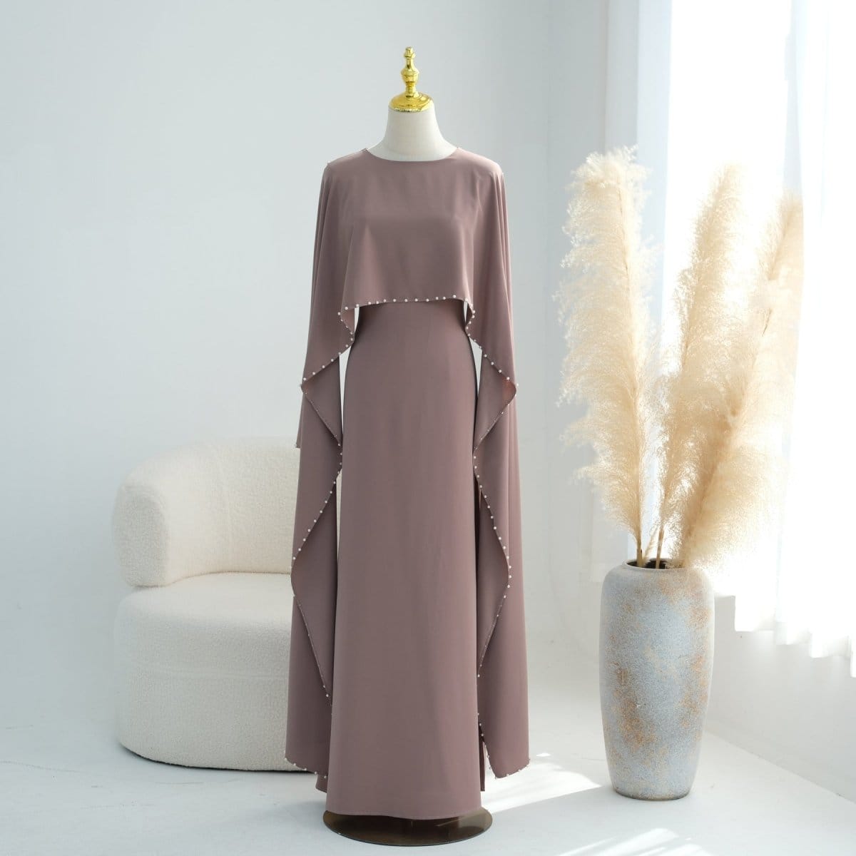 Hand-Beaded Pearl Cape Sleeve Nida Maxi Dress(MS439) - A-1 Thread Vault