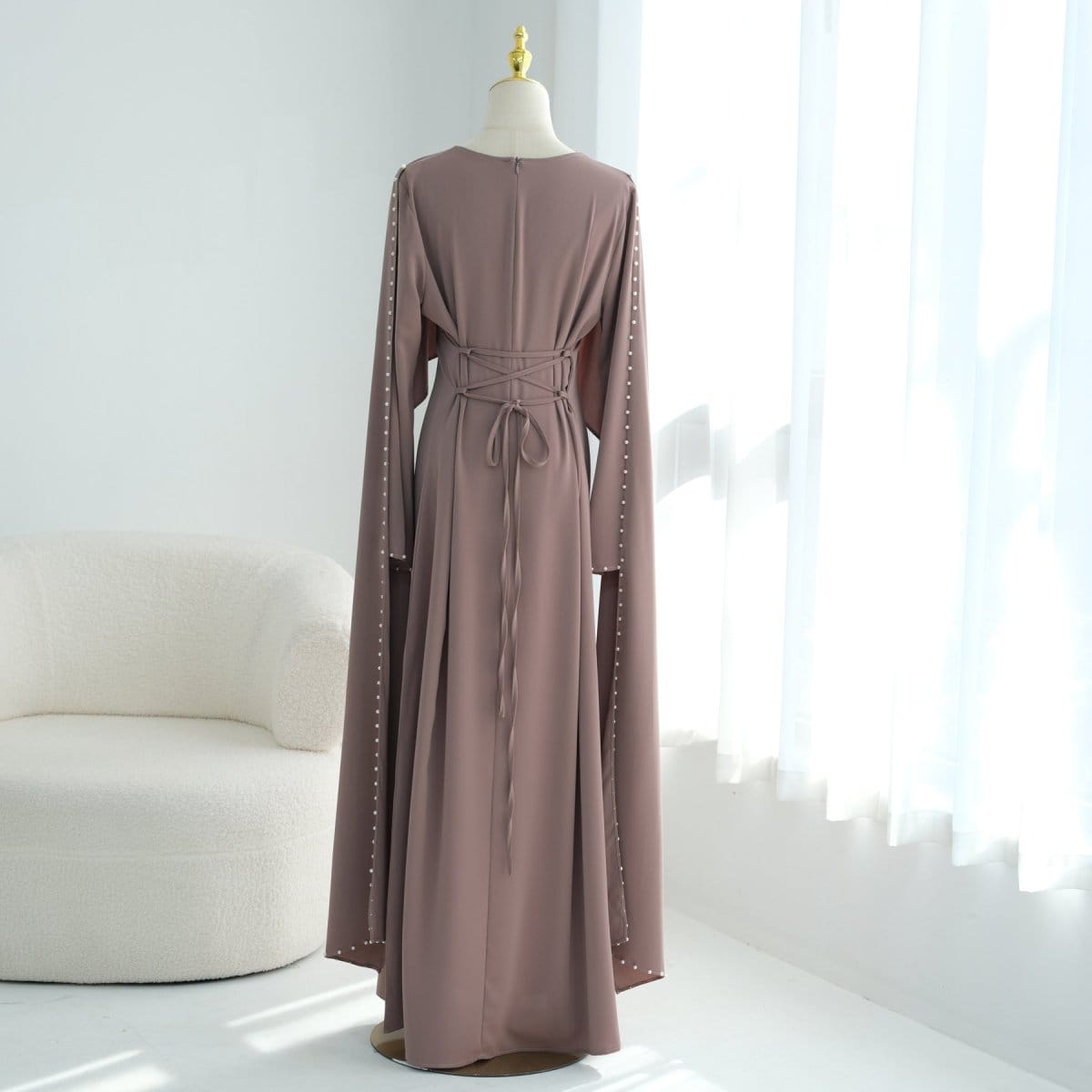 Hand-Beaded Pearl Cape Sleeve Nida Maxi Dress(MS439) - A-1 Thread Vault