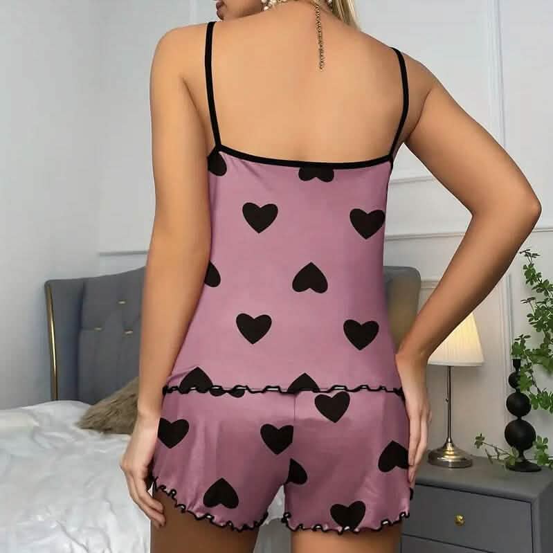 Heart Print Neck Cami Top and Lettuce Trim Shorts Set - A-1 Thread Vault