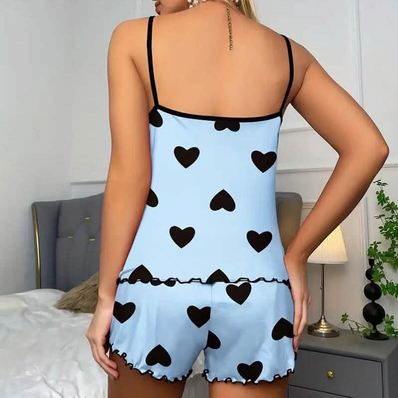 Heart Print Neck Cami Top and Lettuce Trim Shorts Set - A-1 Thread Vault