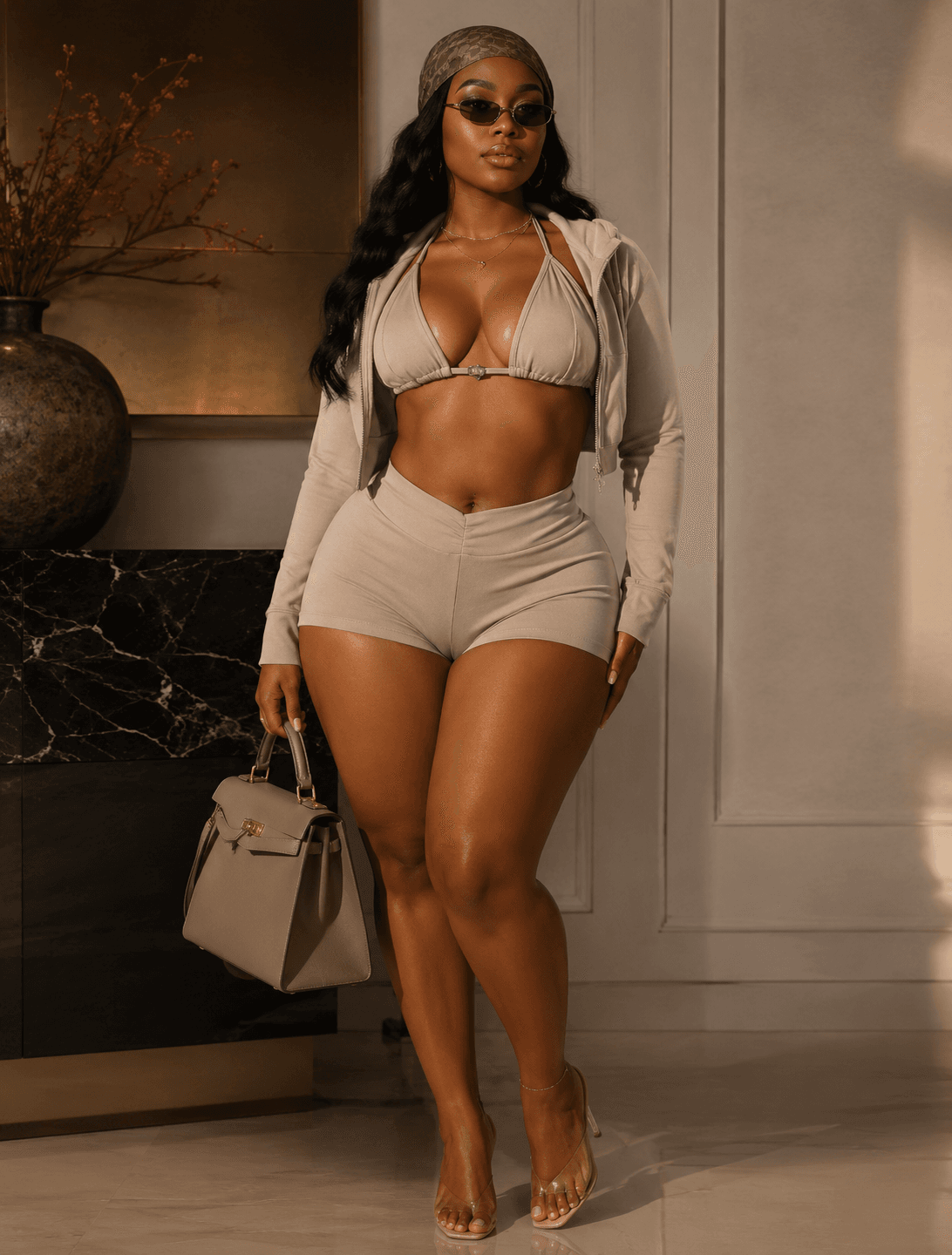 Heartline 3-Piece Halter Bra, Zip Hoodie & Shorts Set - A-1 Thread Vault