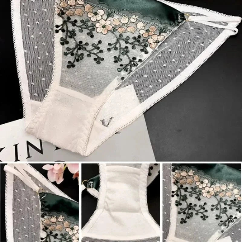 High-end Lace Panties Women's Fashion Embroidery Tapered Mesh Briefs Low Rise Sexy Cut-outs Famale Cotton Crotch Underwear New - A-1 Thread Vault