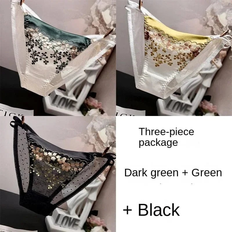 High-end Lace Panties Women's Fashion Embroidery Tapered Mesh Briefs Low Rise Sexy Cut-outs Famale Cotton Crotch Underwear New - A-1 Thread Vault