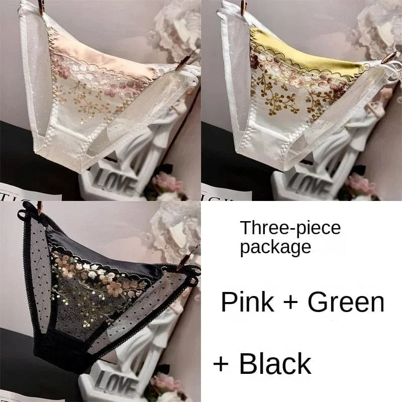High-end Lace Panties Women's Fashion Embroidery Tapered Mesh Briefs Low Rise Sexy Cut-outs Famale Cotton Crotch Underwear New - A-1 Thread Vault