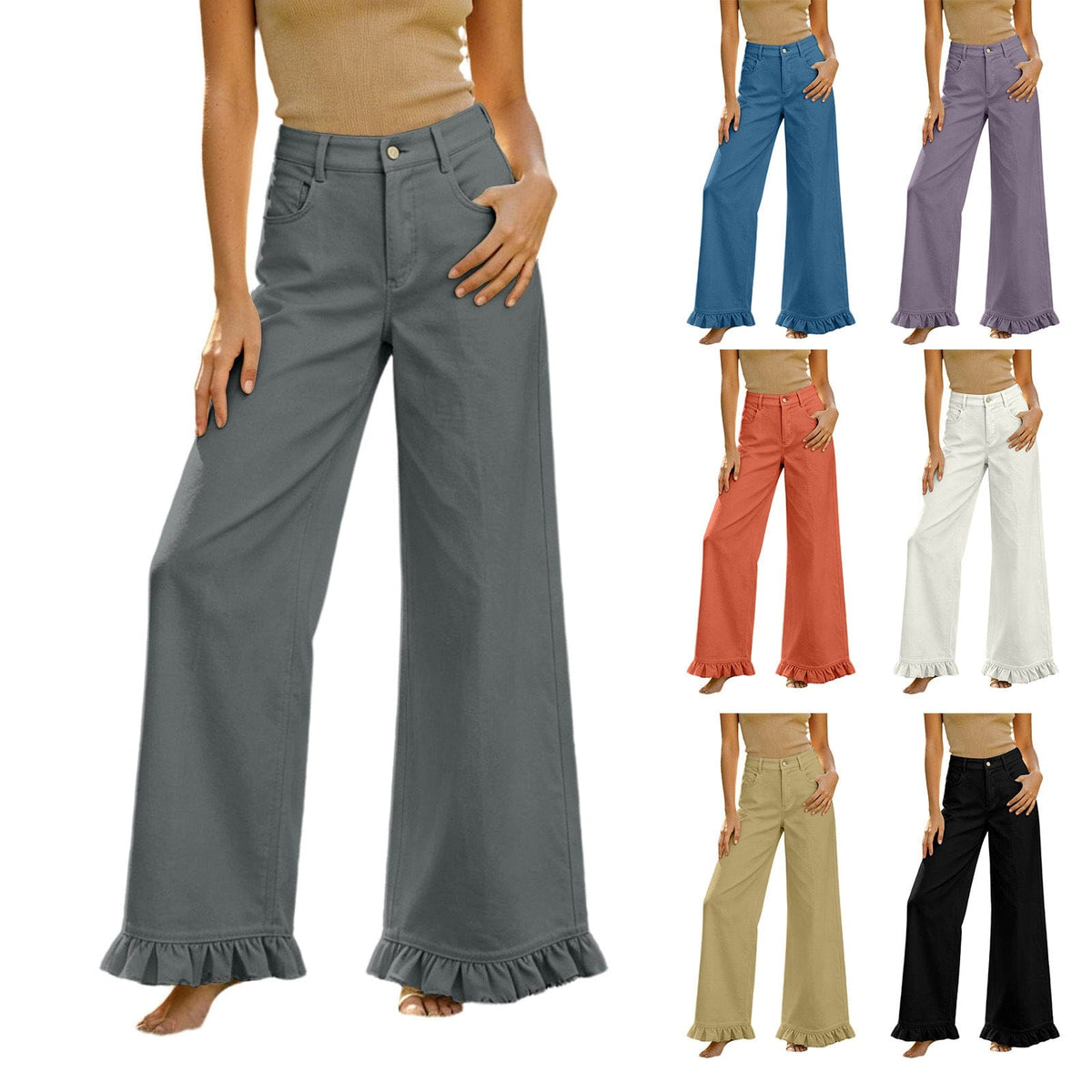 High-waisted Cotton-linen Wide-leg Pants With Ruffled Hem - A-1 Thread Vault