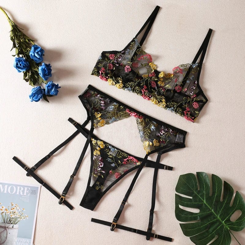 HIMEALAVO Lingerie Sensual Lace Underwear Transparent Embroidery 3-Piece Garters Fancy Beautiful Short Skin Care Kits Intimate - A-1 Thread Vault