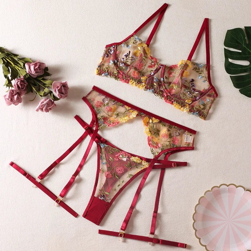 HIMEALAVO Lingerie Sensual Lace Underwear Transparent Embroidery 3-Piece Garters Fancy Beautiful Short Skin Care Kits Intimate - A-1 Thread Vault