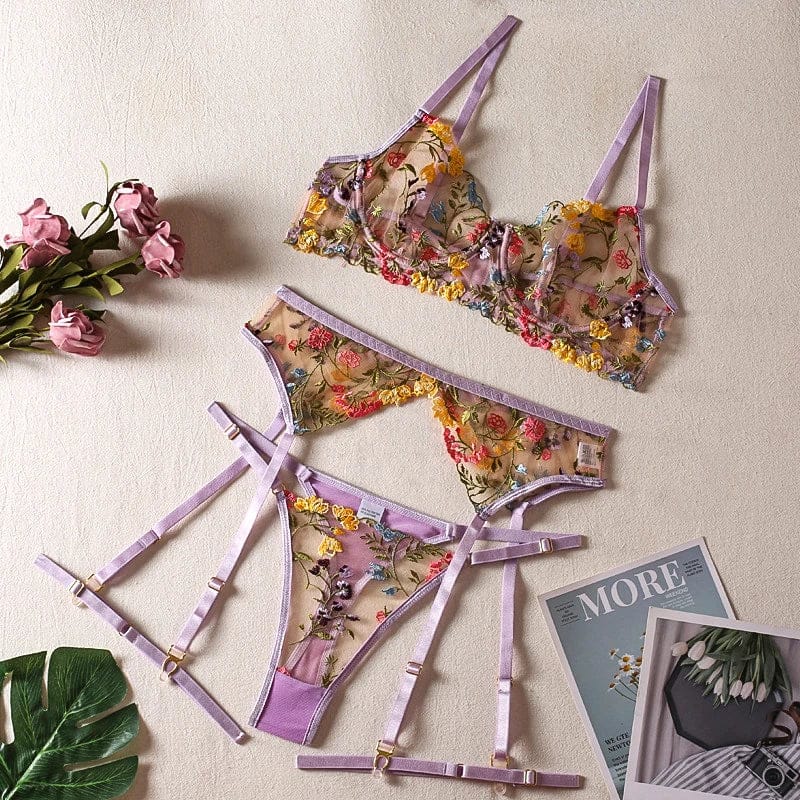 HIMEALAVO Lingerie Sensual Lace Underwear Transparent Embroidery 3-Piece Garters Fancy Beautiful Short Skin Care Kits Intimate - A-1 Thread Vault