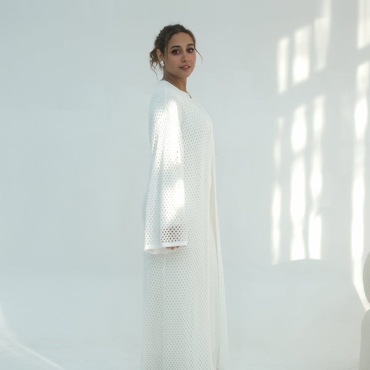 Hollow-Out Knit Open Abaya Cardigan with Waist Belt(MOA315) - A-1 Thread Vault