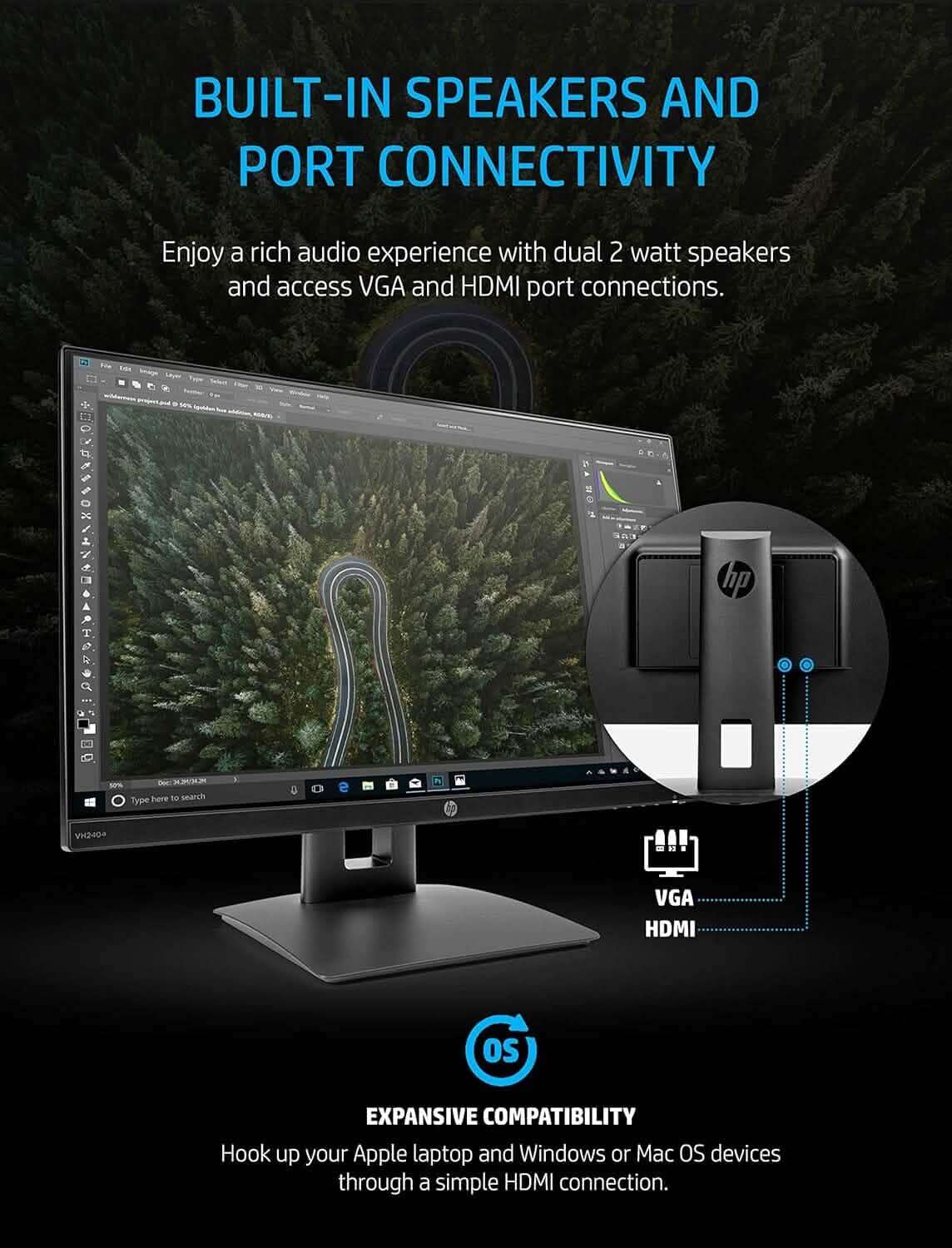 HP 23.8” VH240a IPS FHD LED Monitor HDMI VGA Speakers (Refurbished) - A-1 Thread Vault