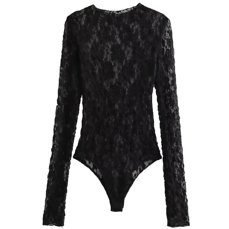 HXAO Women's Bodysuit Lace Bodysuit Autumn Black Cutwork O-Neck Long Sleeves High Spandex Bodysuits Sexy Lingerie For Fine Women - A-1 Thread Vault