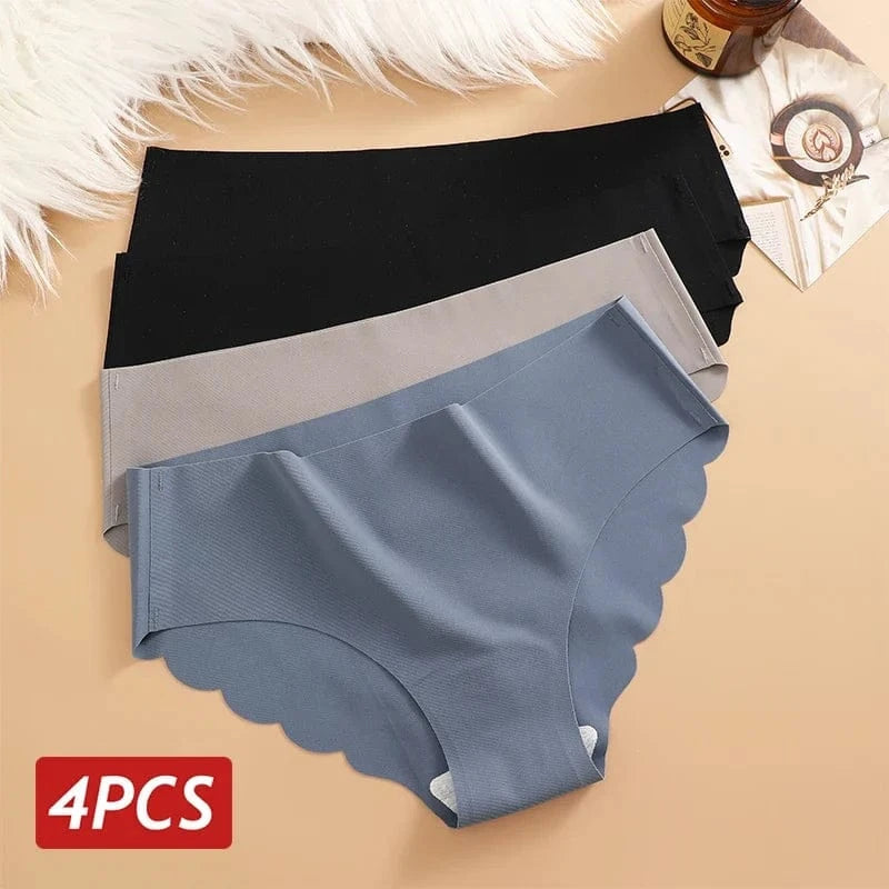 Ice Silk Seamless Panties 4PCS/Set Women's Briefs Solid Color Elastic Underwear Female Ultra Thin No Trace Wavy Side Panties - A-1 Thread Vault