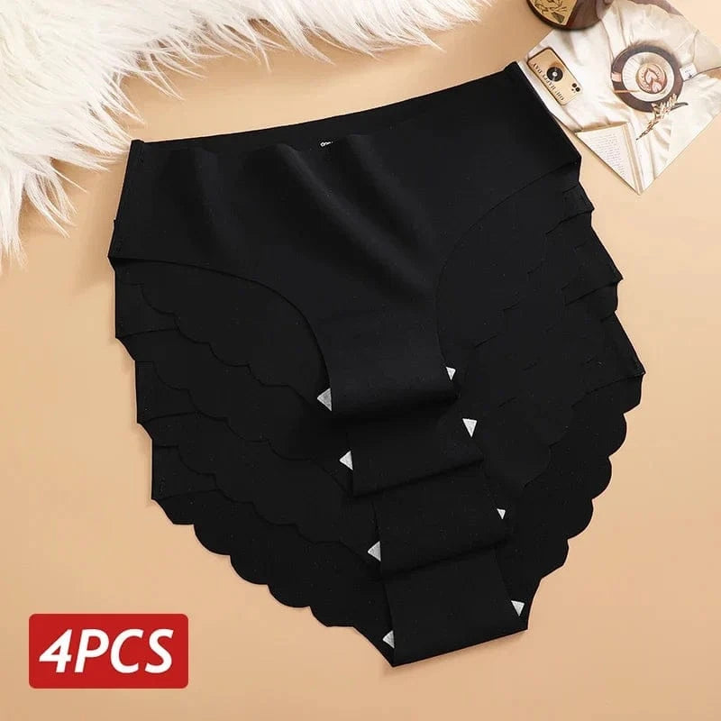 Ice Silk Seamless Panties 4PCS/Set Women's Briefs Solid Color Elastic Underwear Female Ultra Thin No Trace Wavy Side Panties - A-1 Thread Vault
