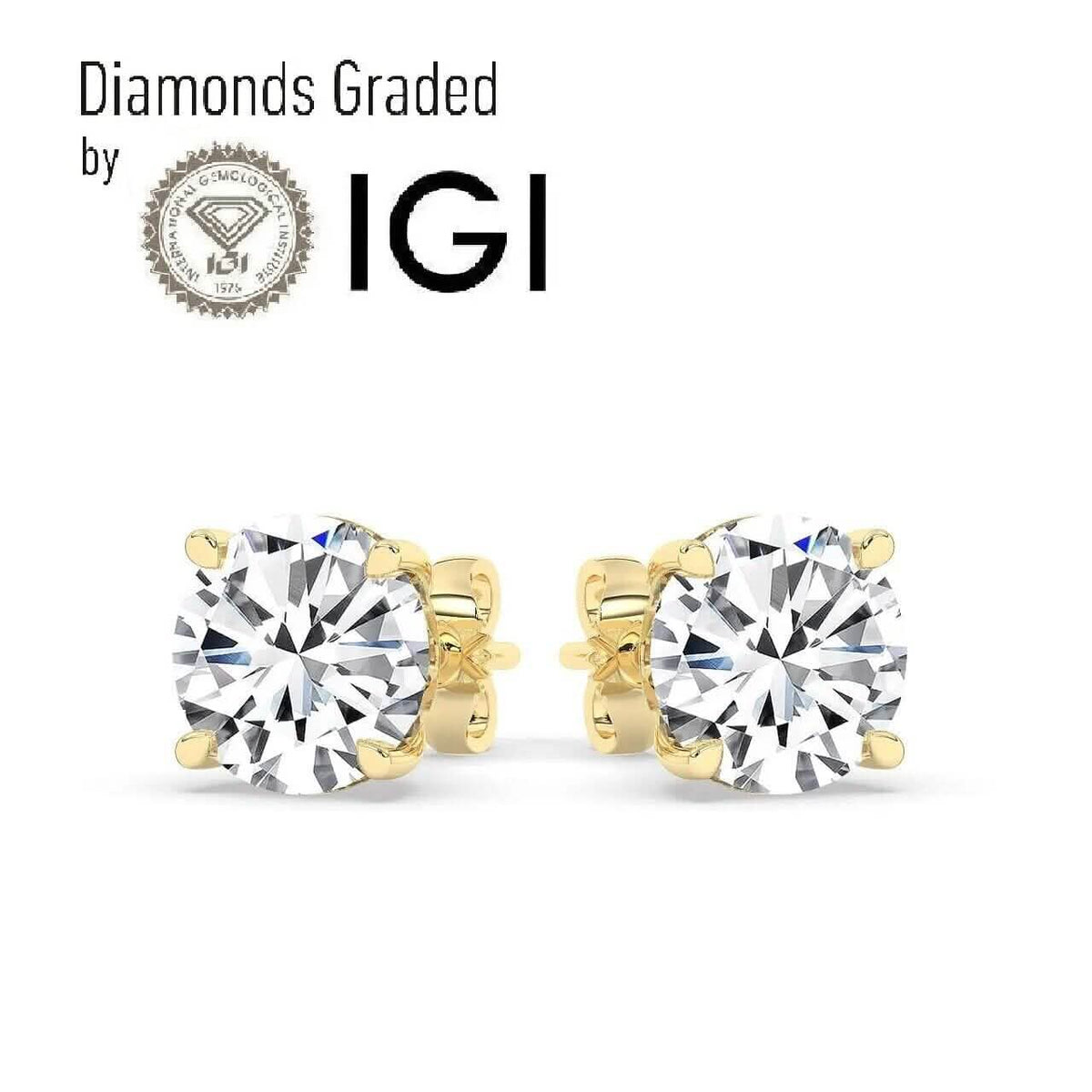 IGI,F/VS1 ,2 CT Solitaire Lab-Grown Round Diamond Studs Earring, 18K Yellow Gold - A-1 Thread Vault