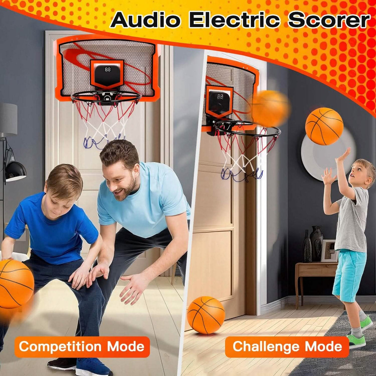 Indoor Mini Basketball Hoop Set with 4 Inflatable Balls Electric Audio Scorer - A-1 Thread Vault