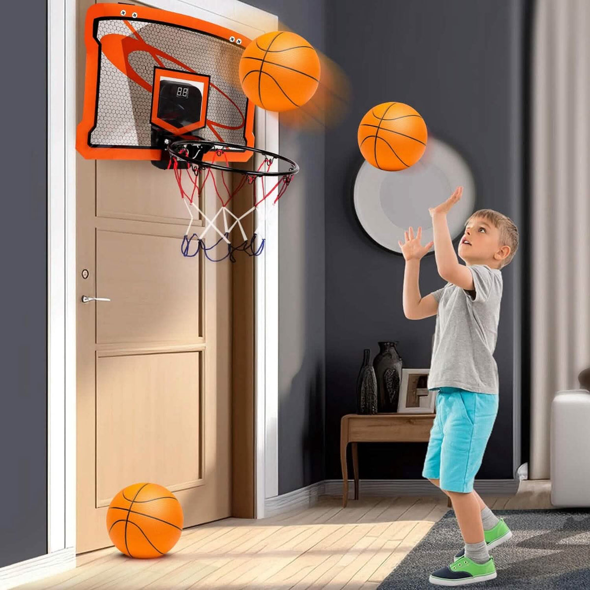 Indoor Mini Basketball Hoop Set with 4 Inflatable Balls Electric Audio Scorer - A-1 Thread Vault