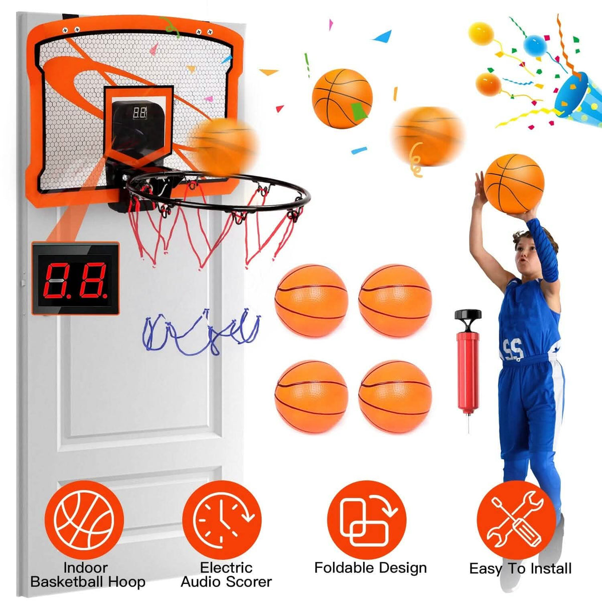 Indoor Mini Basketball Hoop Set with 4 Inflatable Balls Electric Audio Scorer - A-1 Thread Vault
