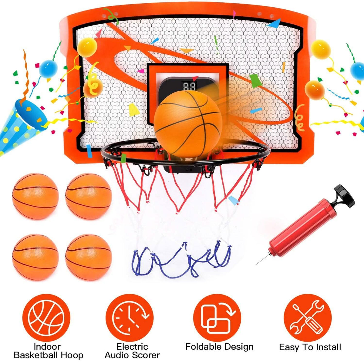 Indoor Mini Basketball Hoop Set with 4 Inflatable Balls Electric Audio Scorer - A-1 Thread Vault