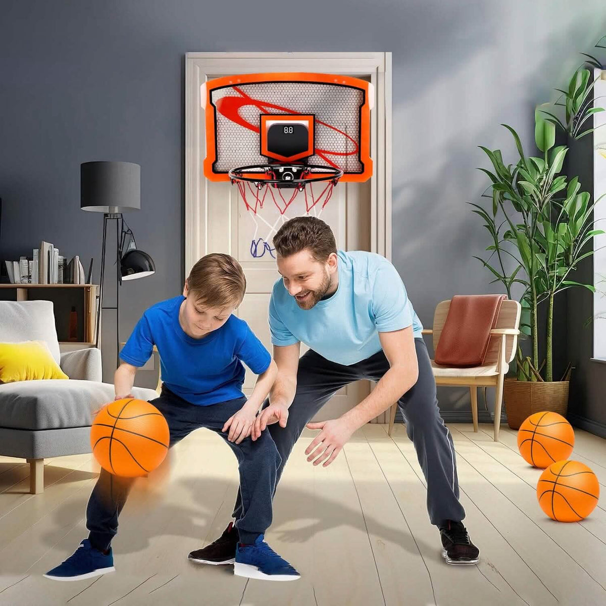 Indoor Mini Basketball Hoop Set with 4 Inflatable Balls Electric Audio Scorer - A-1 Thread Vault