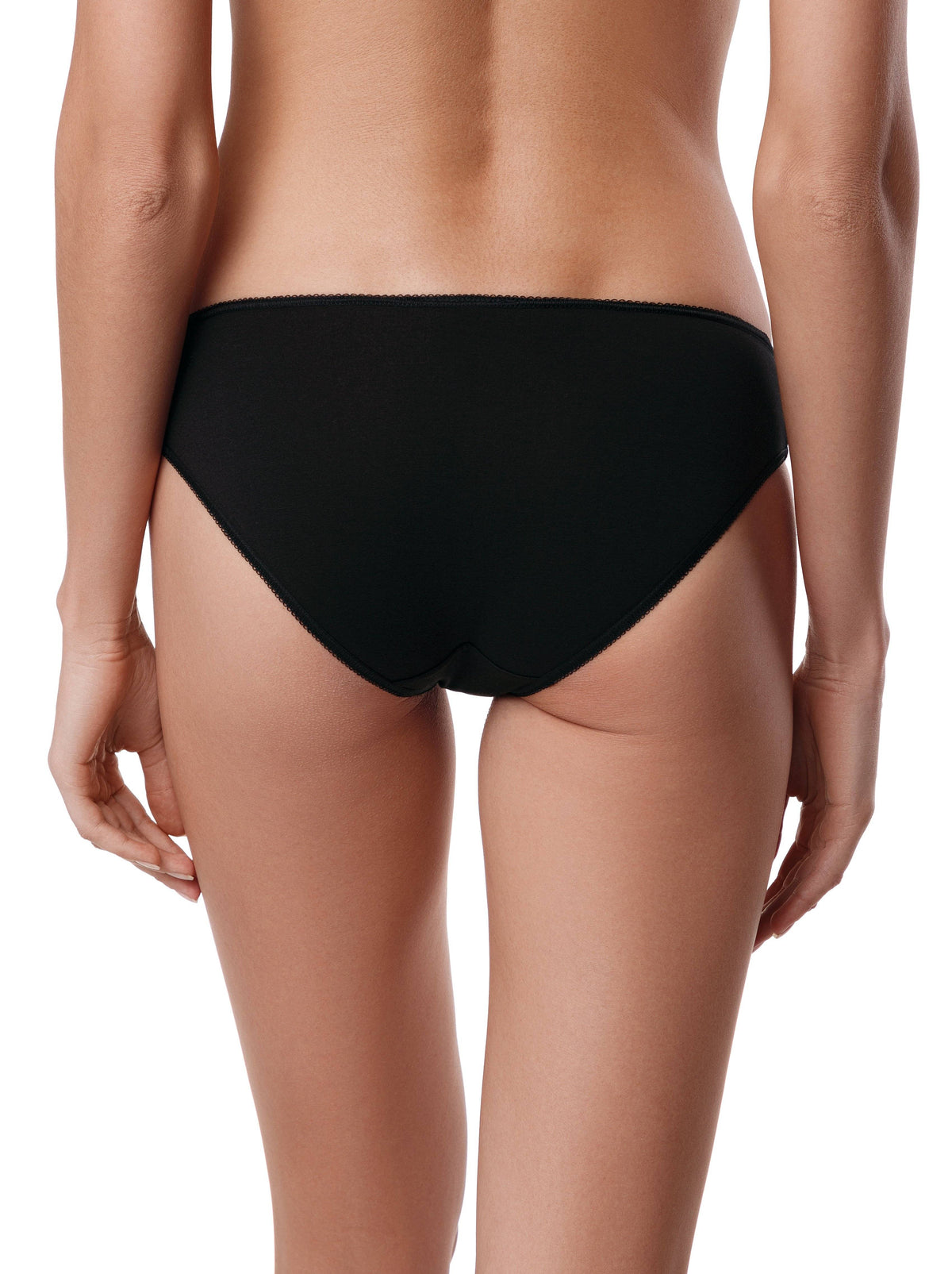 A pair of solid black bikini-style panties viewed from behind on a person against a white background.