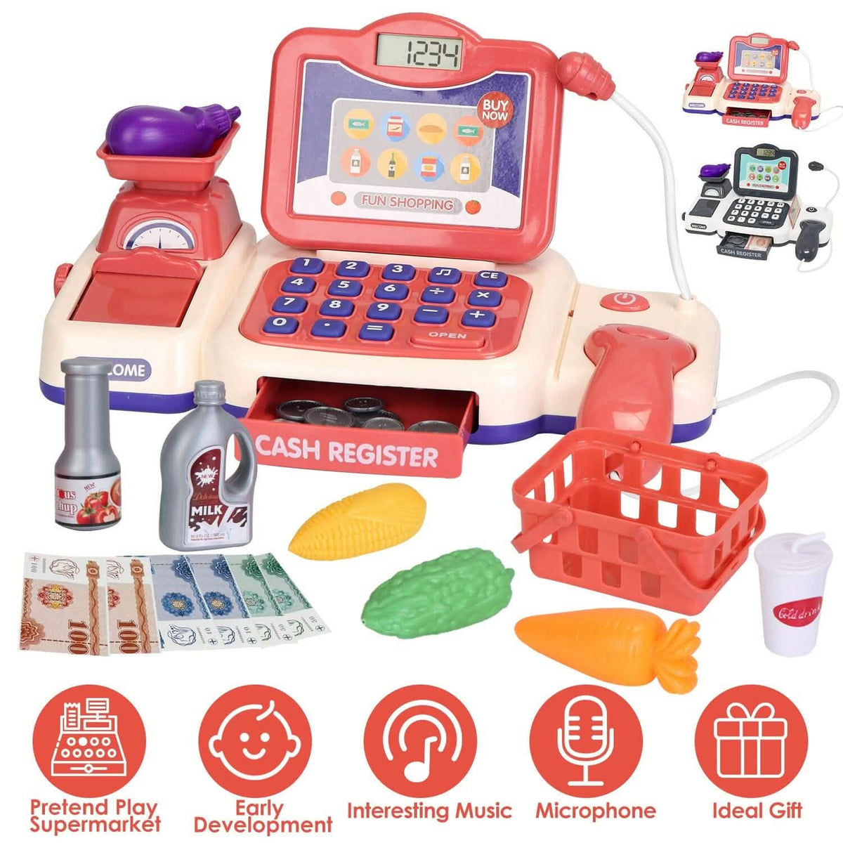 Kids Cash Register Pretend Play Cashier Toy with Scanner Calculator - A-1 Thread Vault