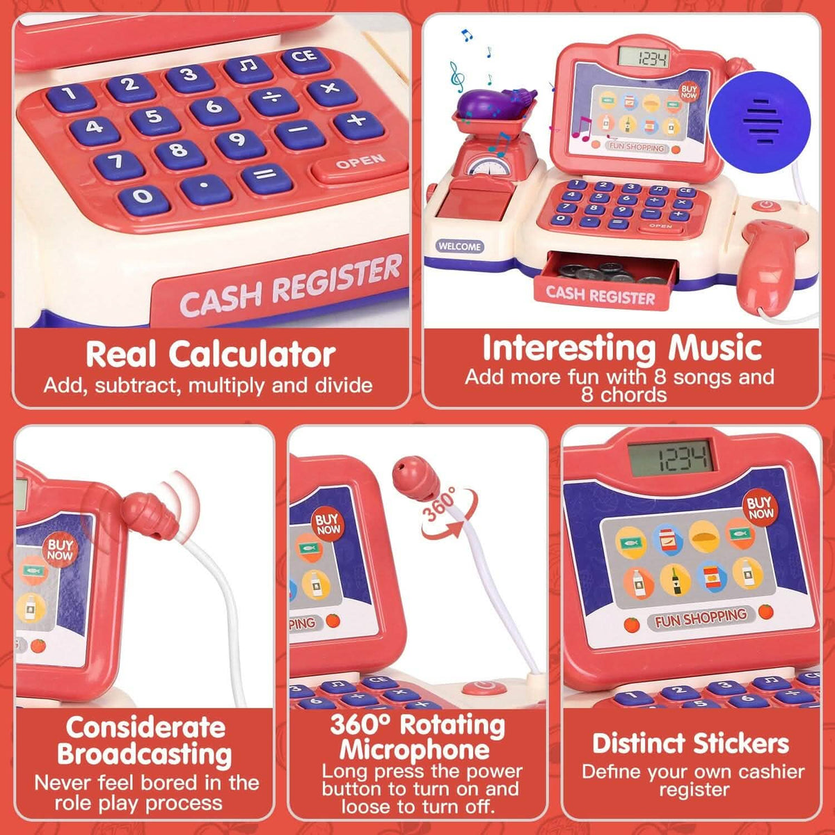 Kids Cash Register Pretend Play Cashier Toy with Scanner Calculator - A-1 Thread Vault