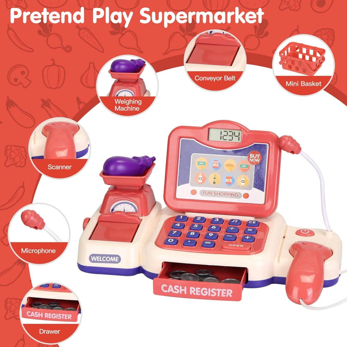 Kids Cash Register Pretend Play Cashier Toy with Scanner Calculator - A-1 Thread Vault