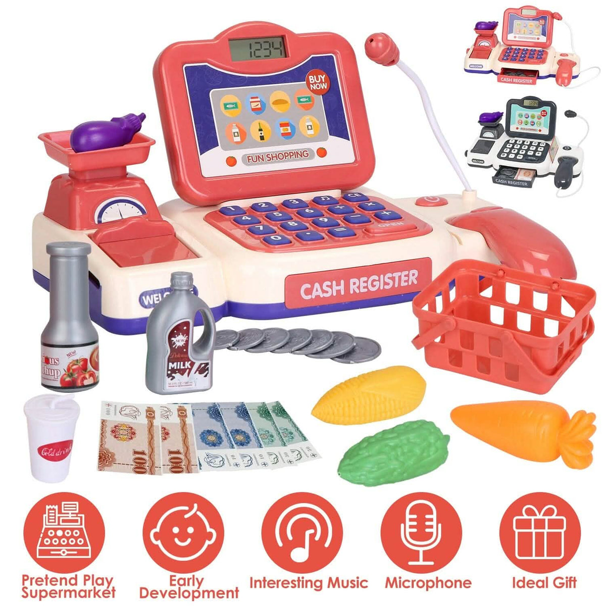 Kids Cash Register Pretend Play Cashier Toy with Scanner Calculator - A-1 Thread Vault