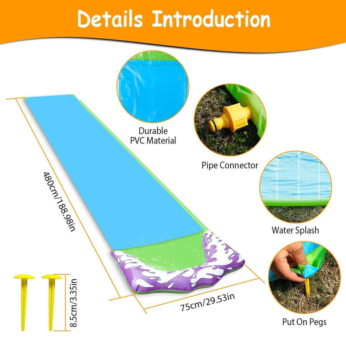 Kids Single Water Slide Lawn Surfing Racing Lane Slip Splash Spray Sprinkler - A-1 Thread Vault