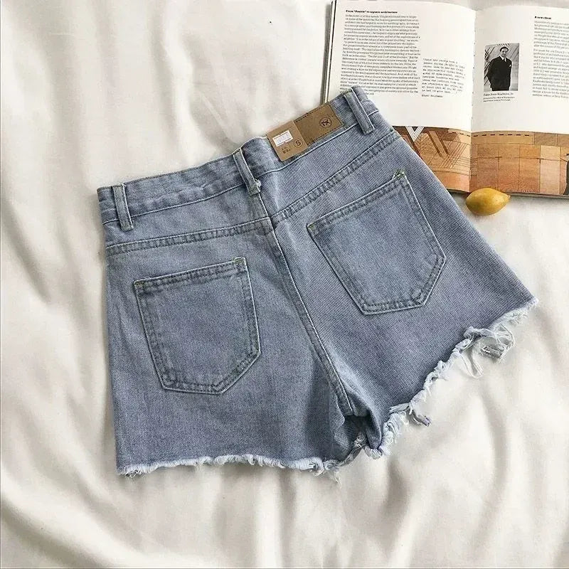 Korean Denim Shorts Women Summer Fashion Casual High Waist Ripped Jeans Pocket Tassel Y2K Hot Pants Streetwear Blue Trousers - A-1 Thread Vault