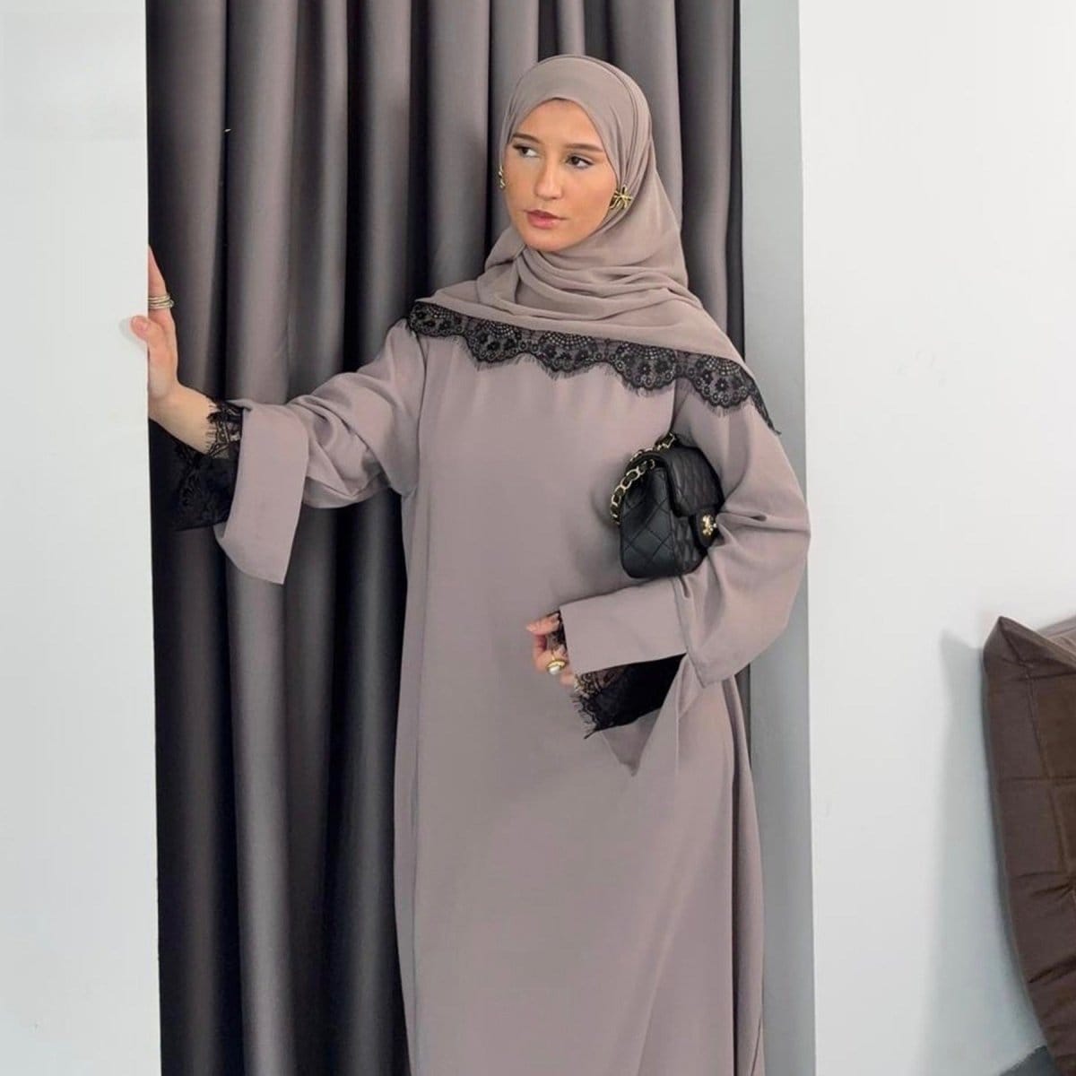 Lace Splice Nida Maxi Dress & Hijab Set(MA444) - A-1 Thread Vault