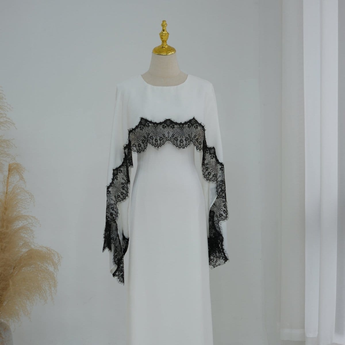 Lace Splice Satin Maxi Dress with Fixed Cape(MS438) - A-1 Thread Vault