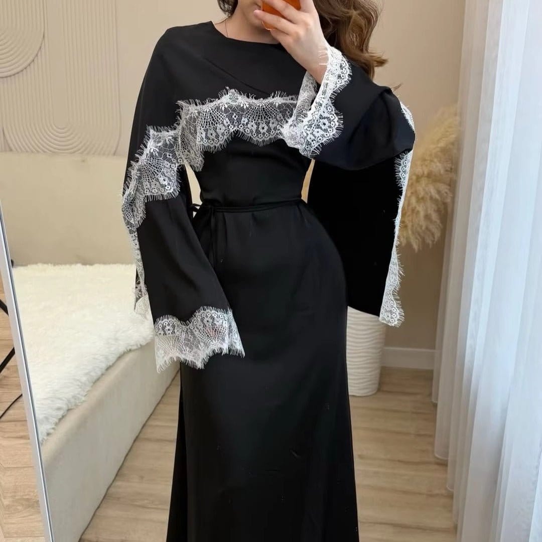 Lace Splice Satin Maxi Dress with Fixed Cape(MS438) - A-1 Thread Vault