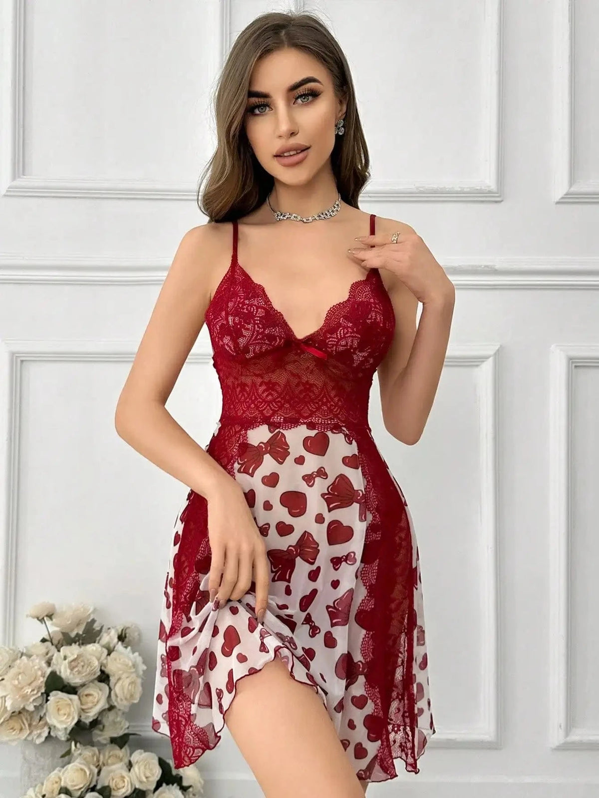Lace stitching heart bow print mesh semi-perspective ladies suspender nightdress - A-1 Thread Vault