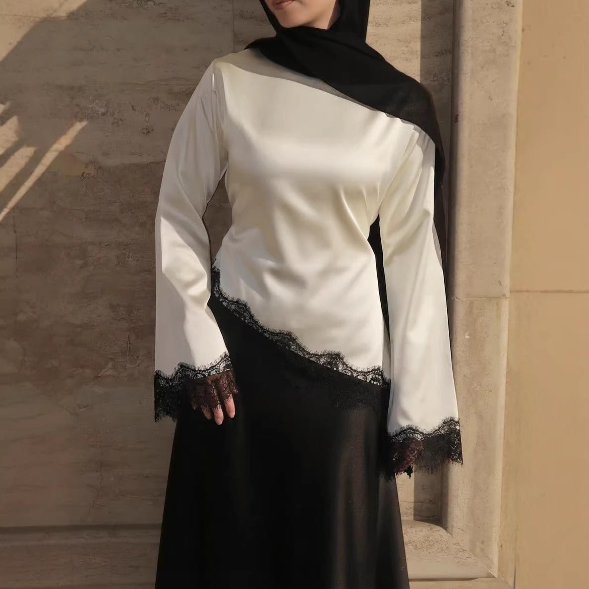 Lace Trim Contrast Panel Satin Top(MS407) - A-1 Thread Vault