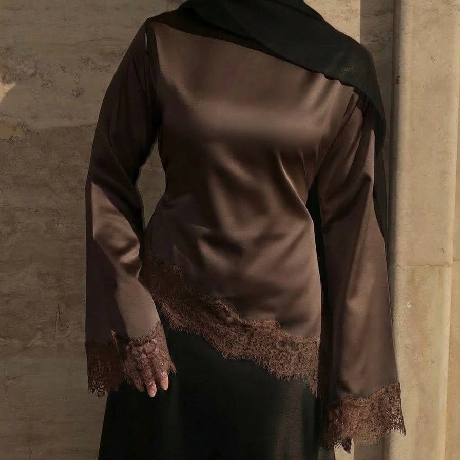 Lace Trim Contrast Panel Satin Top(MS407) - A-1 Thread Vault