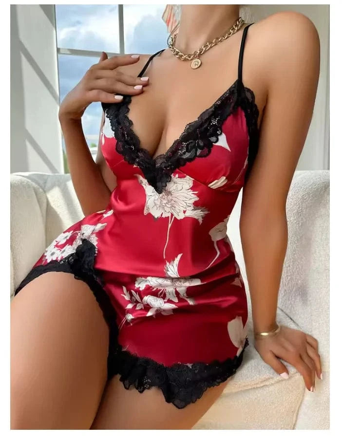 Lace Trim Leopard Nightdress V Neck Backless Side Split Slip Sleep Dress Women's Sleepwear Dresses - A-1 Thread Vault