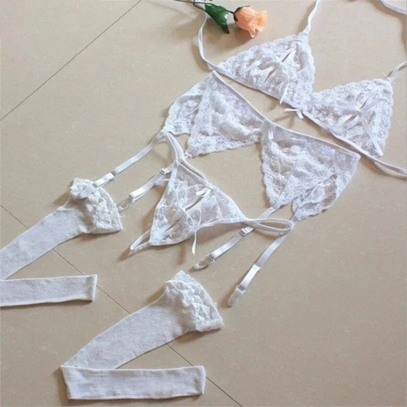 Lace Women Lingerie Set 4 Pcs Sling Open Bra Sexy Wiht Garter Panties Push Up Bra Set Erotic Transparent Underwear Net Stockings - A-1 Thread Vault