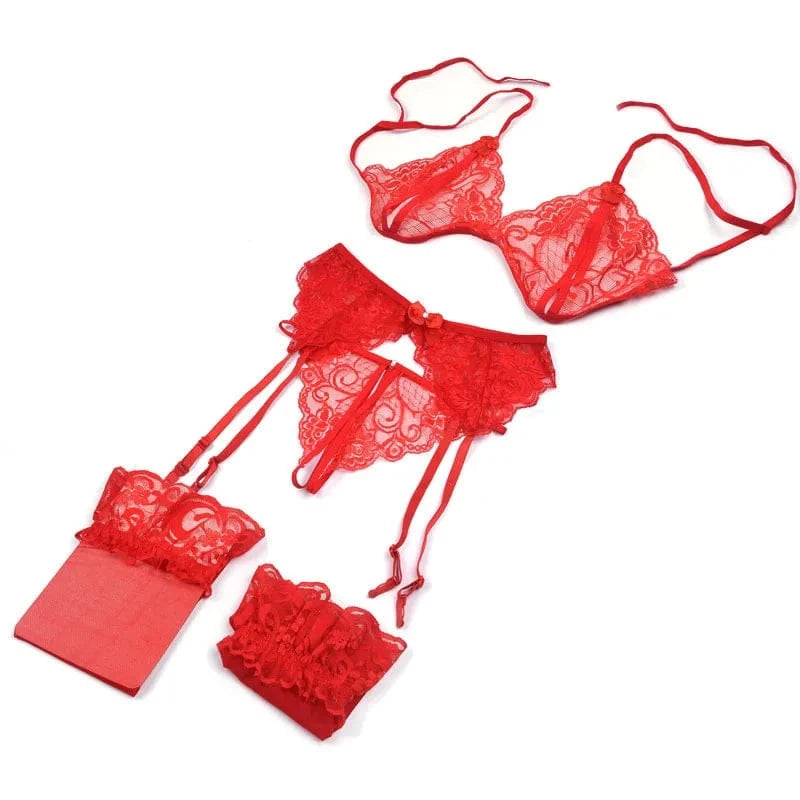 Lace Women Lingerie Set 4 Pcs Sling Open Bra Sexy Wiht Garter Panties Push Up Bra Set Erotic Transparent Underwear Net Stockings - A-1 Thread Vault