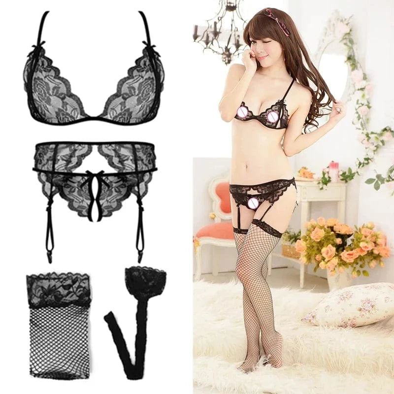 Lace Women Lingerie Set 4 Pcs Sling Open Bra Sexy Wiht Garter Panties Push Up Bra Set Erotic Transparent Underwear Net Stockings - A-1 Thread Vault