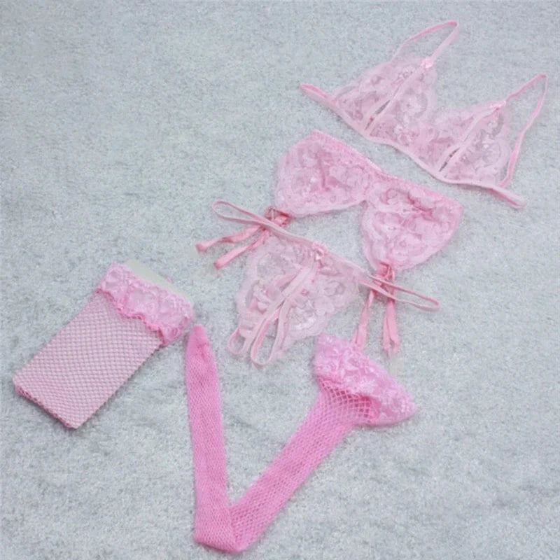 Lace Women Lingerie Set 4 Pcs Sling Open Bra Sexy Wiht Garter Panties Push Up Bra Set Erotic Transparent Underwear Net Stockings - A-1 Thread Vault