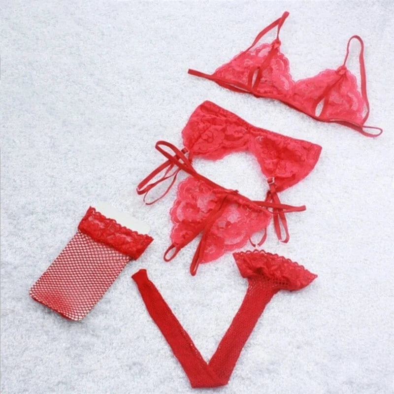 Lace Women Lingerie Set 4 Pcs Sling Open Bra Sexy Wiht Garter Panties Push Up Bra Set Erotic Transparent Underwear Net Stockings - A-1 Thread Vault