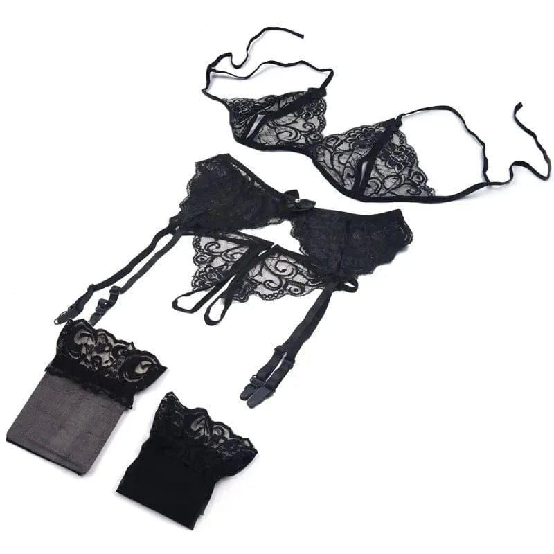 Lace Women Lingerie Set 4 Pcs Sling Open Bra Sexy Wiht Garter Panties Push Up Bra Set Erotic Transparent Underwear Net Stockings - A-1 Thread Vault