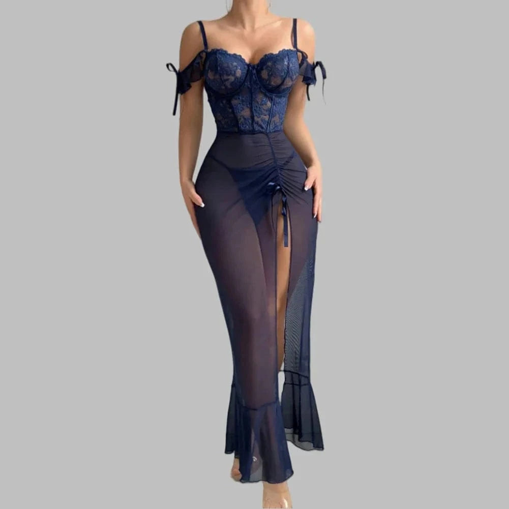 Ladies V Neck Sleepwear Set with Spaghetti Straps Lace Up Front and Sheer Mesh Fabric with Slit Includes Nightdress and Panties - A-1 Thread Vault