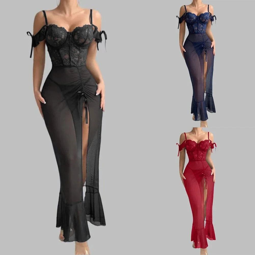 Ladies V Neck Sleepwear Set with Spaghetti Straps Lace Up Front and Sheer Mesh Fabric with Slit Includes Nightdress and Panties - A-1 Thread Vault